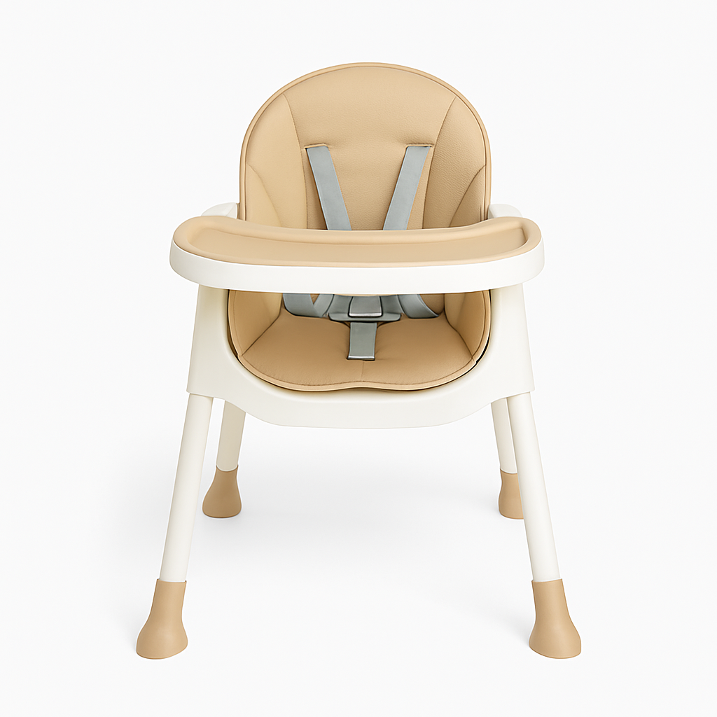 Стульчик для кормления M 4136-2 Beige, складной, экокожа, 5-точечные ремни, столик, корзина